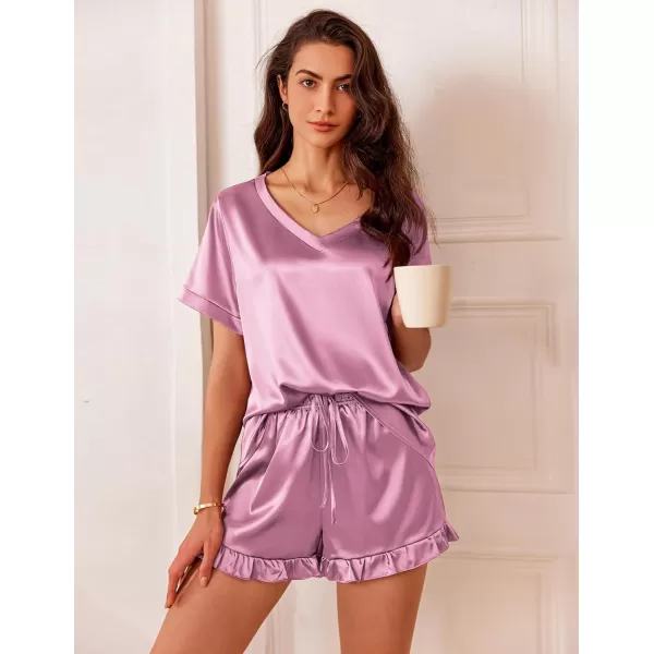 Ekouaer Satin Pajamas for Women Short Sleeve Silk Sleepwear Two Piece Pj Sets with Ruffled Shorts Casual LoungewearPink