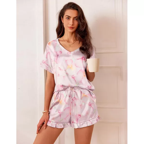 Ekouaer Satin Pajamas for Women Short Sleeve Silk Sleepwear Two Piece Pj Sets with Ruffled Shorts Casual LoungewearPink Flower