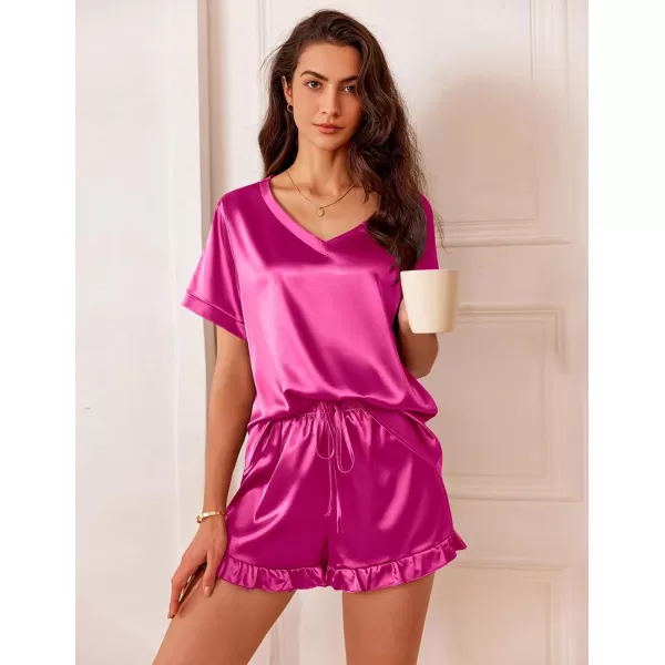 Ekouaer Satin Pajamas for Women Short Sleeve Silk Sleepwear Two Piece Pj Sets with Ruffled Shorts Casual LoungewearRose Red