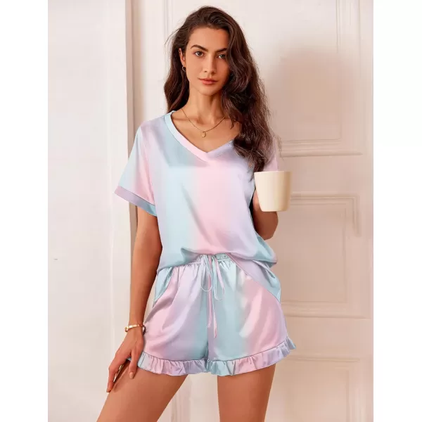 Ekouaer Satin Pajamas for Women Short Sleeve Silk Sleepwear Two Piece Pj Sets with Ruffled Shorts Casual LoungewearTie Dye