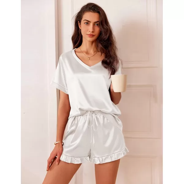 Ekouaer Satin Pajamas for Women Short Sleeve Silk Sleepwear Two Piece Pj Sets with Ruffled Shorts Casual LoungewearWhite