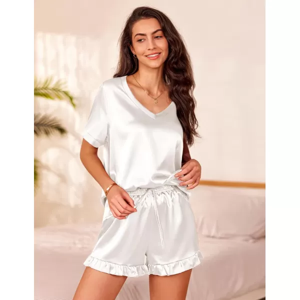 Ekouaer Satin Pajamas for Women Short Sleeve Silk Sleepwear Two Piece Pj Sets with Ruffled Shorts Casual LoungewearWhite