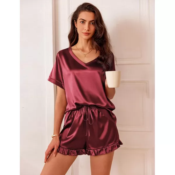 Ekouaer Satin Pajamas for Women Short Sleeve Silk Sleepwear Two Piece Pj Sets with Ruffled Shorts Casual LoungewearWind Red