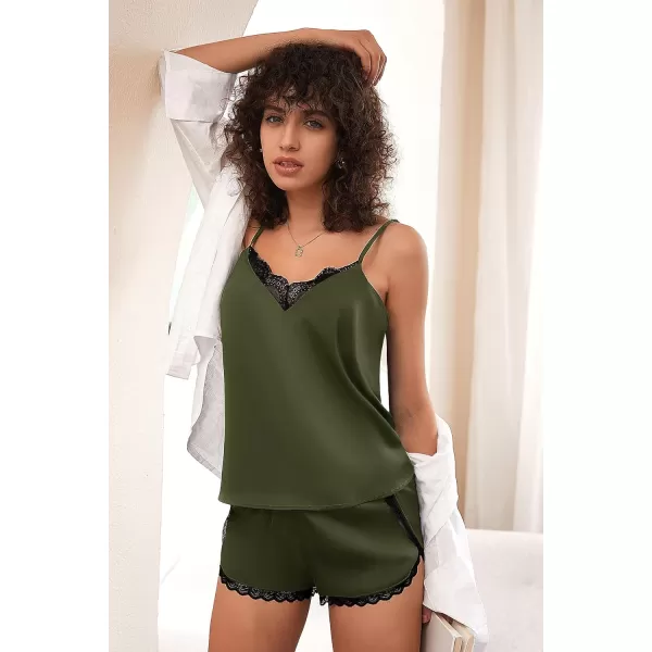 Ekouaer Silk Pajamas Set Womens Lace Cami Tops and Shorts Satin Lingerie V Neck Sleepwear XSXXLArmy Green