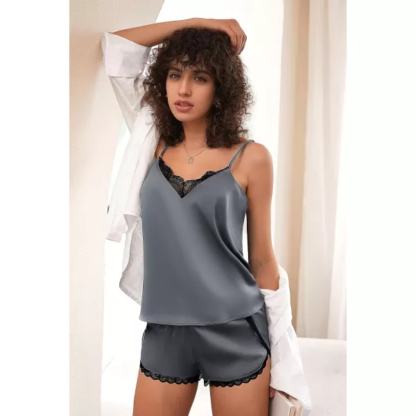 Ekouaer Silk Pajamas Set Womens Lace Cami Tops and Shorts Satin Lingerie V Neck Sleepwear XSXXLDeep Grey