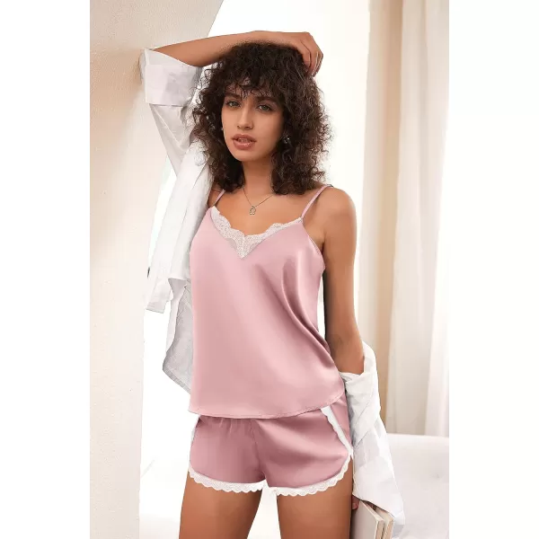 Ekouaer Silk Pajamas Set Womens Lace Cami Tops and Shorts Satin Lingerie V Neck Sleepwear XSXXLDusty Pink