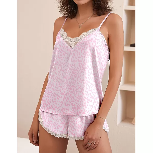 Ekouaer Silk Pajamas Set Womens Lace Cami Tops and Shorts Satin Lingerie V Neck Sleepwear XSXXLLeopard Print Pink