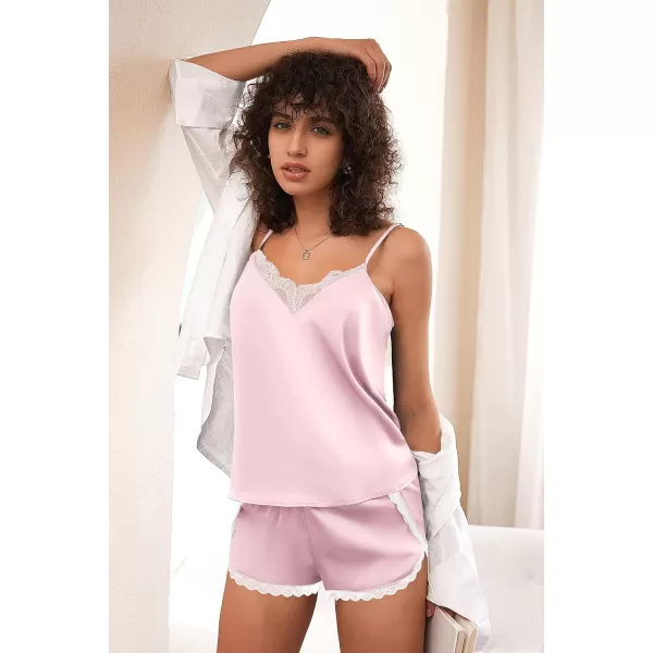 Ekouaer Silk Pajamas Set Womens Lace Cami Tops and Shorts Satin Lingerie V Neck Sleepwear XSXXLPastel Pink