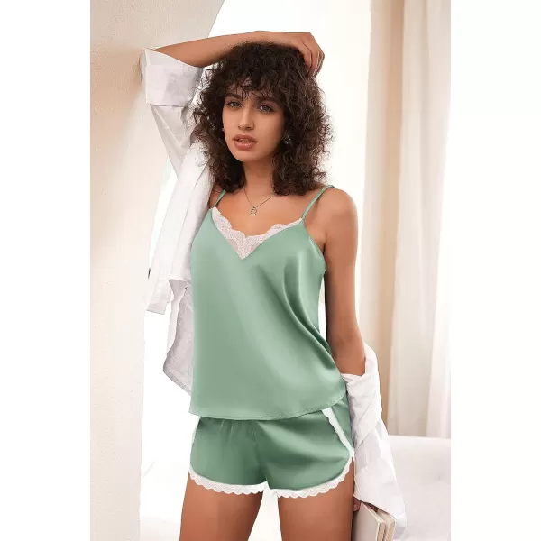 Ekouaer Silk Pajamas Set Womens Lace Cami Tops and Shorts Satin Lingerie V Neck Sleepwear XSXXLPea Green