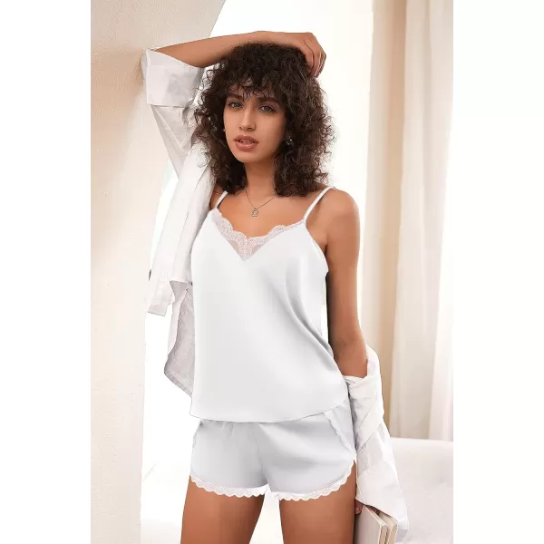 Ekouaer Silk Pajamas Set Womens Lace Cami Tops and Shorts Satin Lingerie V Neck Sleepwear XSXXLWhite