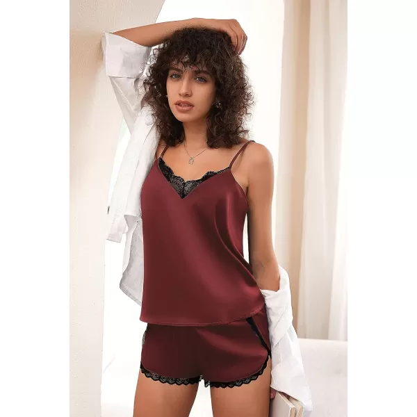 Ekouaer Silk Pajamas Set Womens Lace Cami Tops and Shorts Satin Lingerie V Neck Sleepwear XSXXLWine Red