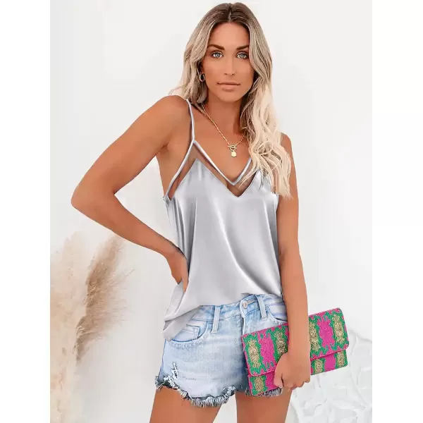 Ekouaer Silk Tank Top for Women Mesh V Neck Satin Camisole Silky Sleeveless Tank Cami ShirtGrey