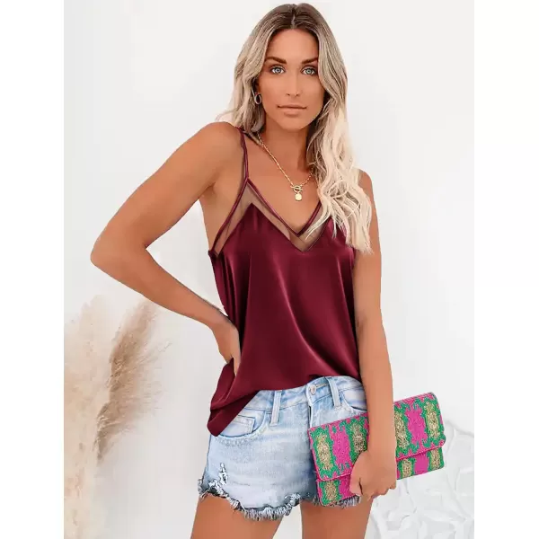 Ekouaer Silk Tank Top for Women Mesh V Neck Satin Camisole Silky Sleeveless Tank Cami ShirtRed