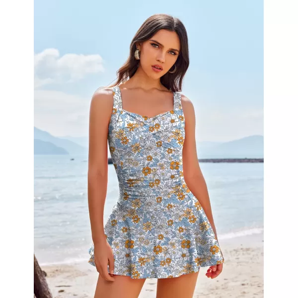 Ekouaer Swim Dress One Piece Bathing Suit Skirted Swimsuits for Women Ruched Retro Swimwear SXXLBlue Floral Printed