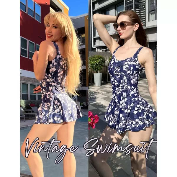 Ekouaer Swim Dress One Piece Bathing Suit Skirted Swimsuits for Women Ruched Retro Swimwear SXXLDh90blue Print