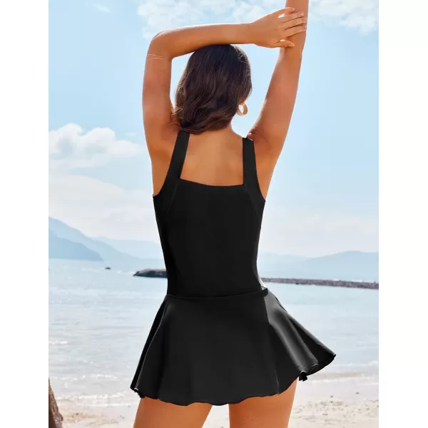 Ekouaer Swim Dress One Piece Bathing Suit Skirted Swimsuits for Women Ruched Retro Swimwear SXXLPblack