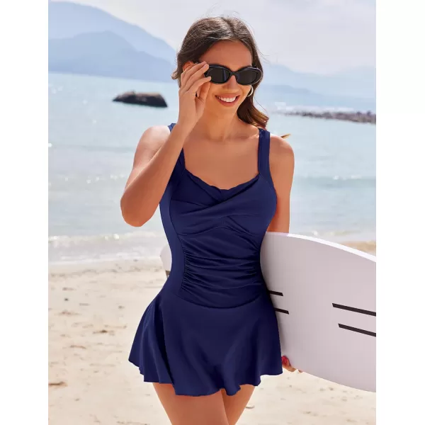 Ekouaer Swim Dress One Piece Bathing Suit Skirted Swimsuits for Women Ruched Retro Swimwear SXXLPnavy Blue