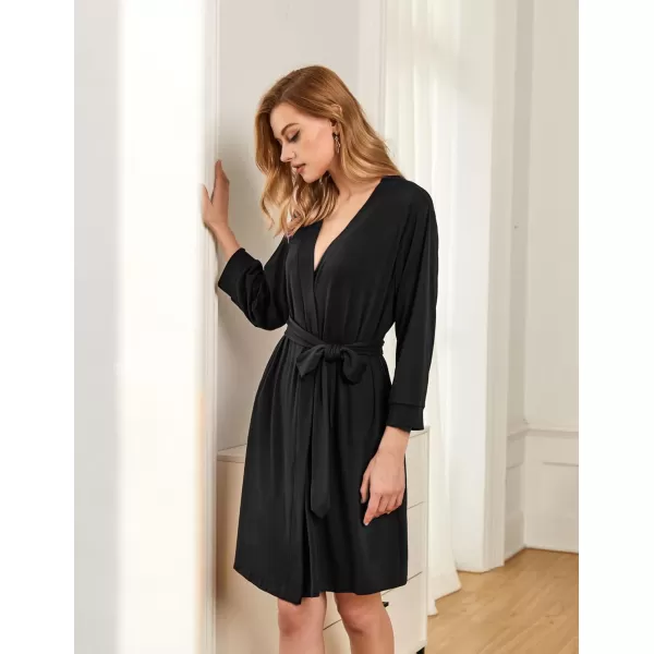 Ekouaer Women Robe Lightweight 34 Sleeve Knit Bathrobe Summer Soft Knee Length Sleepwear Robes with Side PocketsBlack