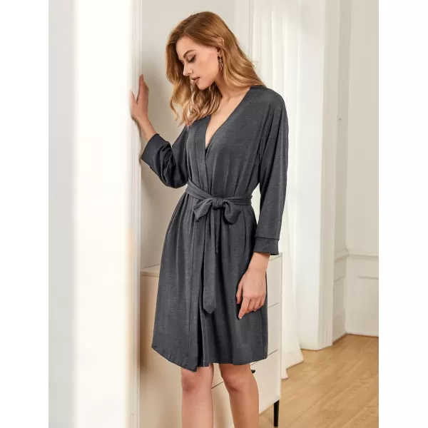 Ekouaer Women Robe Lightweight 34 Sleeve Knit Bathrobe Summer Soft Knee Length Sleepwear Robes with Side PocketsDark Grey