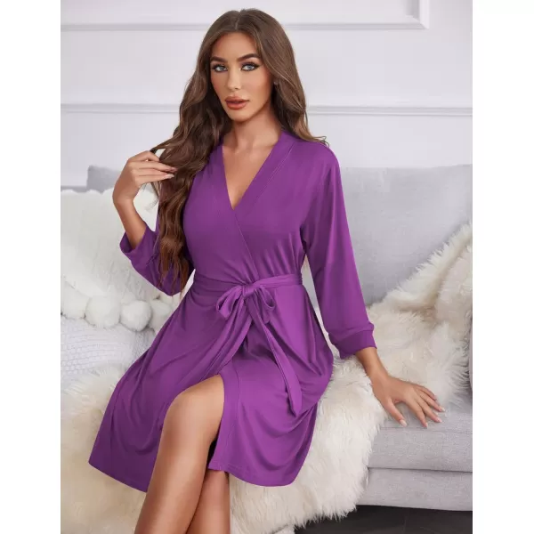 Ekouaer Women Robe Lightweight 34 Sleeve Knit Bathrobe Summer Soft Knee Length Sleepwear Robes with Side PocketsEggplant