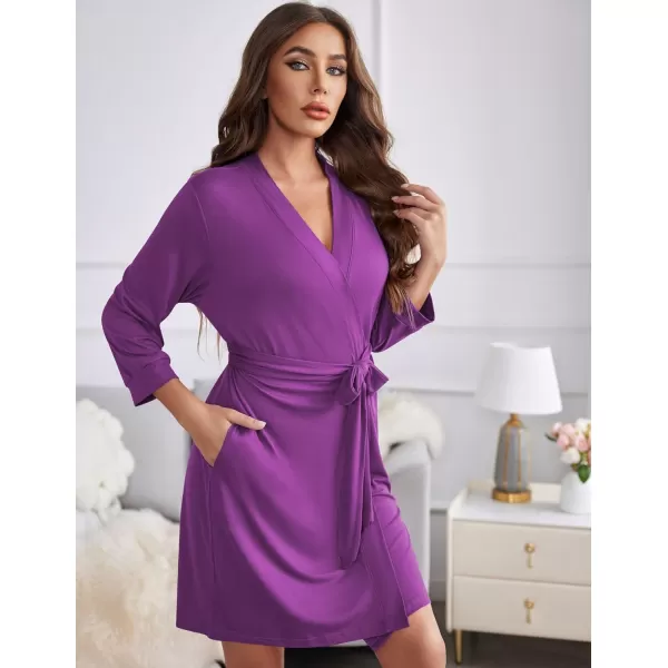 Ekouaer Women Robe Lightweight 34 Sleeve Knit Bathrobe Summer Soft Knee Length Sleepwear Robes with Side PocketsEggplant