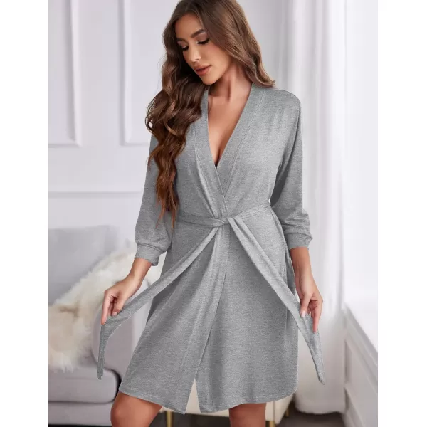 Ekouaer Women Robe Lightweight 34 Sleeve Knit Bathrobe Summer Soft Knee Length Sleepwear Robes with Side PocketsLight Grey