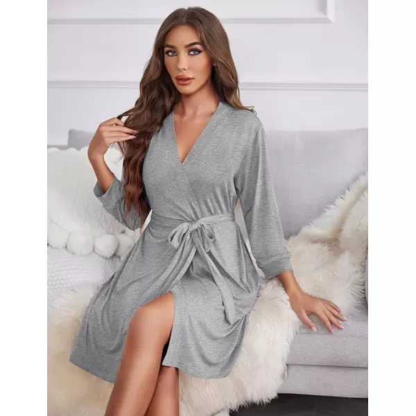 Ekouaer Women Robe Lightweight 34 Sleeve Knit Bathrobe Summer Soft Knee Length Sleepwear Robes with Side PocketsLight Grey