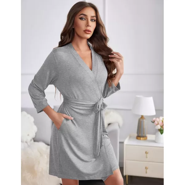 Ekouaer Women Robe Lightweight 34 Sleeve Knit Bathrobe Summer Soft Knee Length Sleepwear Robes with Side PocketsLight Grey