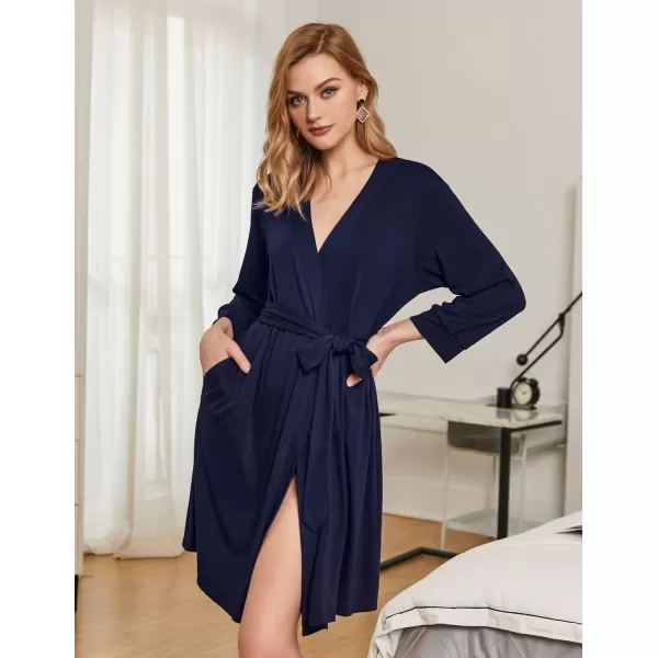 Ekouaer Women Robe Lightweight 34 Sleeve Knit Bathrobe Summer Soft Knee Length Sleepwear Robes with Side PocketsNavy Blue