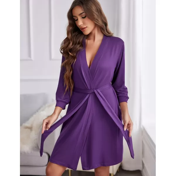 Ekouaer Women Robe Lightweight 34 Sleeve Knit Bathrobe Summer Soft Knee Length Sleepwear Robes with Side PocketsPurple