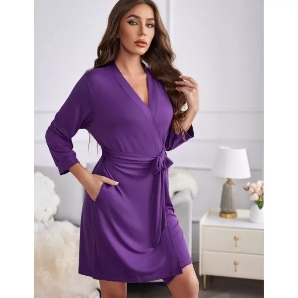 Ekouaer Women Robe Lightweight 34 Sleeve Knit Bathrobe Summer Soft Knee Length Sleepwear Robes with Side PocketsPurple