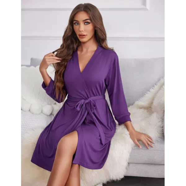 Ekouaer Women Robe Lightweight 34 Sleeve Knit Bathrobe Summer Soft Knee Length Sleepwear Robes with Side PocketsPurple