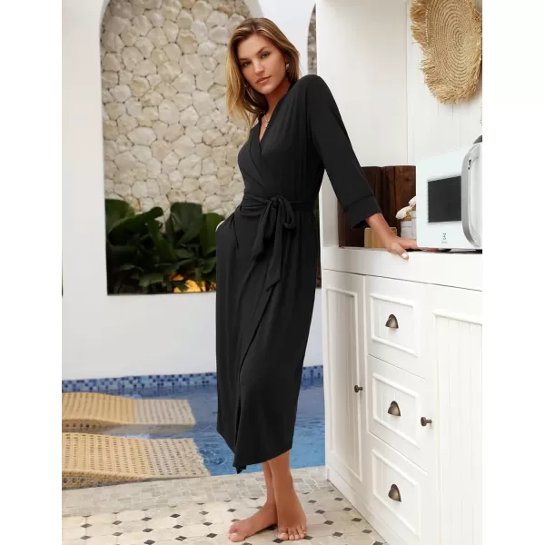 Ekouaer Women Robe Long Knit Bathrobe Lightweight Soft Knit Sleepwear Casual Loungewear with Attached beltBlack