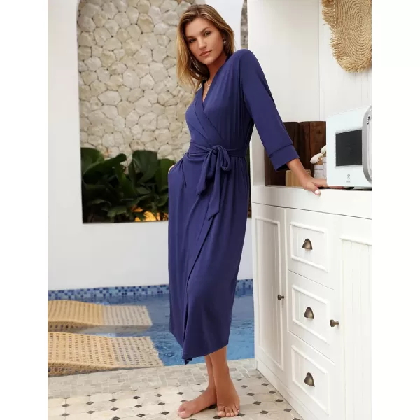 Ekouaer Women Robe Long Knit Bathrobe Lightweight Soft Knit Sleepwear Casual Loungewear with Attached beltNavy Blue