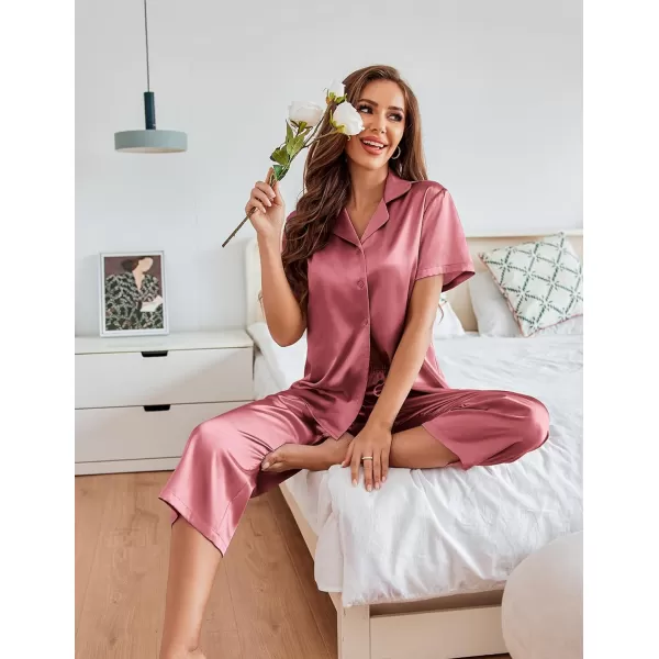 Ekouaer Women Satin Pajamas Set Short Sleeve Sleepwear Silk Button Down Nightwear TwoPiece Loungewear Pjs SetDusty Rose