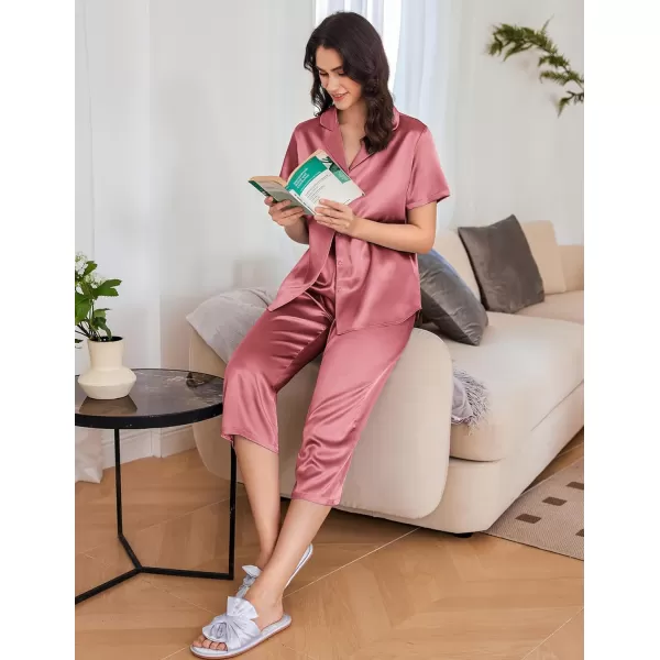 Ekouaer Women Satin Pajamas Set Short Sleeve Sleepwear Silk Button Down Nightwear TwoPiece Loungewear Pjs SetDusty Rose