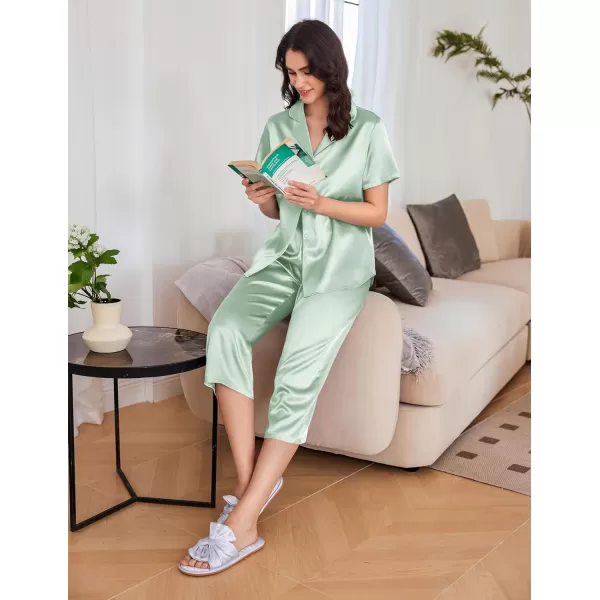 Ekouaer Women Satin Pajamas Set Short Sleeve Sleepwear Silk Button Down Nightwear TwoPiece Loungewear Pjs SetGossamer Green