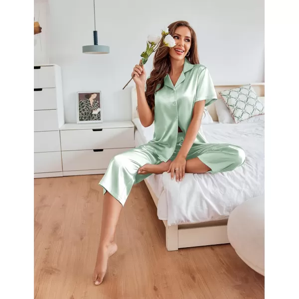 Ekouaer Women Satin Pajamas Set Short Sleeve Sleepwear Silk Button Down Nightwear TwoPiece Loungewear Pjs SetGossamer Green