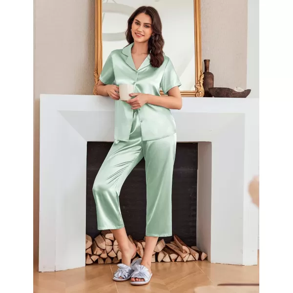 Ekouaer Women Satin Pajamas Set Short Sleeve Sleepwear Silk Button Down Nightwear TwoPiece Loungewear Pjs SetGossamer Green