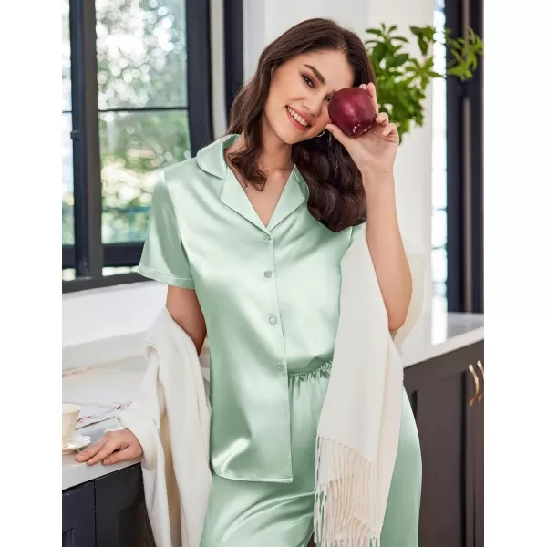 Ekouaer Women Satin Pajamas Set Short Sleeve Sleepwear Silk Button Down Nightwear TwoPiece Loungewear Pjs SetGossamer Green