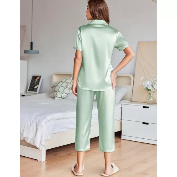 Ekouaer Women Satin Pajamas Set Short Sleeve Sleepwear Silk Button Down Nightwear TwoPiece Loungewear Pjs SetGossamer Green