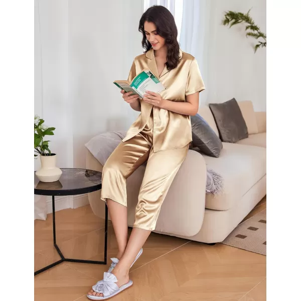 Ekouaer Women Satin Pajamas Set Short Sleeve Sleepwear Silk Button Down Nightwear TwoPiece Loungewear Pjs SetKhaki