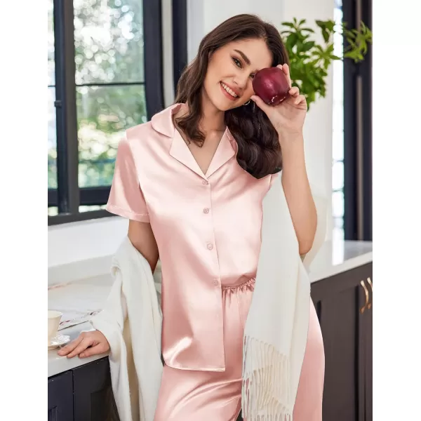 Ekouaer Women Satin Pajamas Set Short Sleeve Sleepwear Silk Button Down Nightwear TwoPiece Loungewear Pjs SetLight Pink