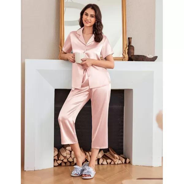 Ekouaer Women Satin Pajamas Set Short Sleeve Sleepwear Silk Button Down Nightwear TwoPiece Loungewear Pjs SetLight Pink