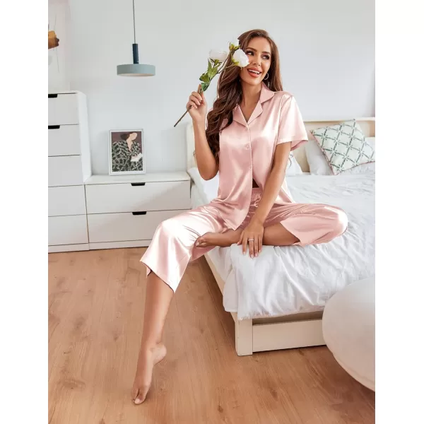 Ekouaer Women Satin Pajamas Set Short Sleeve Sleepwear Silk Button Down Nightwear TwoPiece Loungewear Pjs SetLight Pink