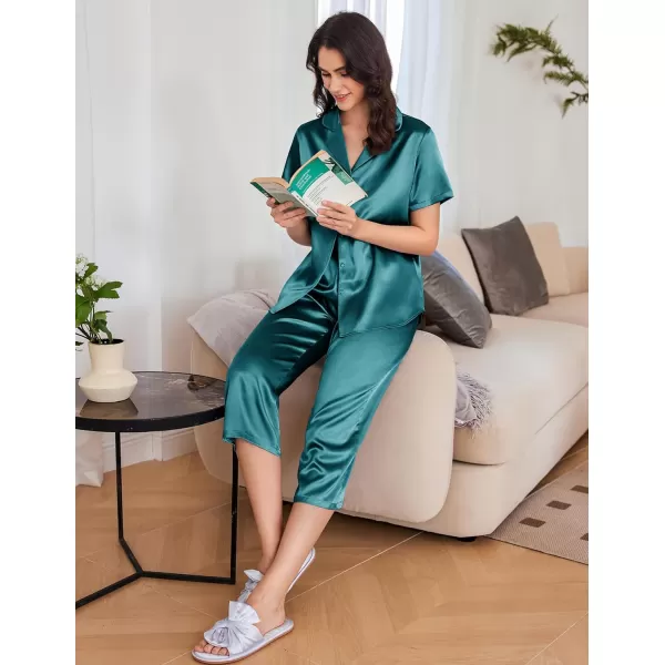 Ekouaer Women Satin Pajamas Set Short Sleeve Sleepwear Silk Button Down Nightwear TwoPiece Loungewear Pjs SetPeacock Blue