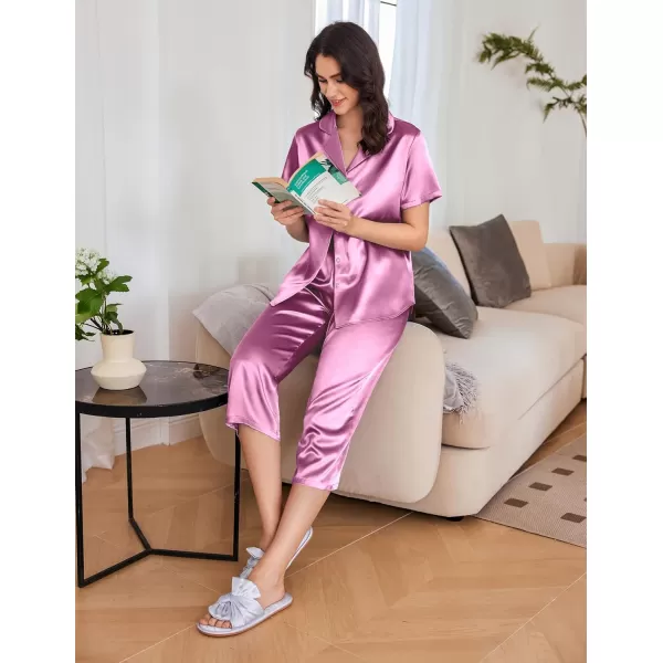 Ekouaer Women Satin Pajamas Set Short Sleeve Sleepwear Silk Button Down Nightwear TwoPiece Loungewear Pjs SetPurple