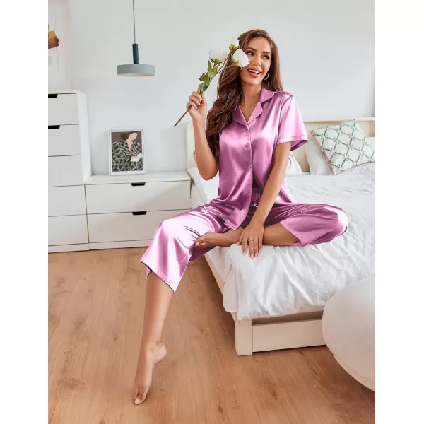 Ekouaer Women Satin Pajamas Set Short Sleeve Sleepwear Silk Button Down Nightwear TwoPiece Loungewear Pjs SetPurple