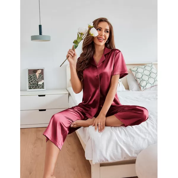 Ekouaer Women Satin Pajamas Set Short Sleeve Sleepwear Silk Button Down Nightwear TwoPiece Loungewear Pjs SetRed