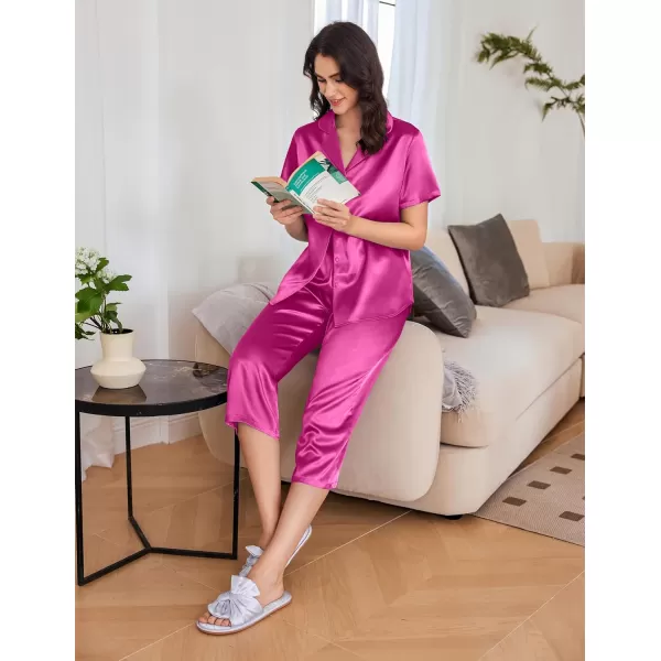 Ekouaer Women Satin Pajamas Set Short Sleeve Sleepwear Silk Button Down Nightwear TwoPiece Loungewear Pjs SetRose Red